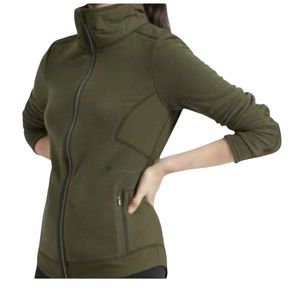 Athleta Outlander Flex fleece Olive Green Full Zip Inside Pocket Jacket Women M